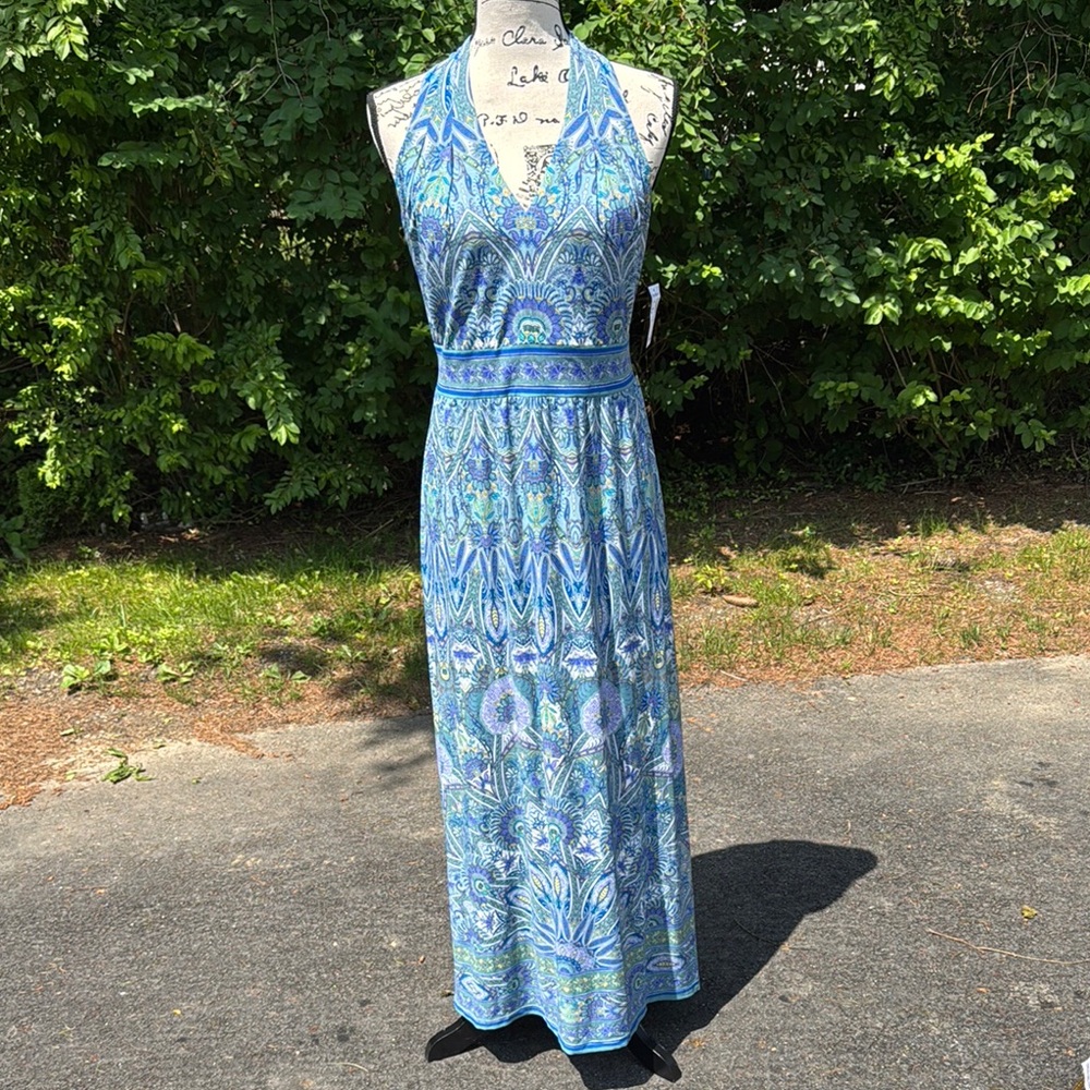 Blue Pleated, lightweight Halter Maxi Dress - NWT - Size 14P